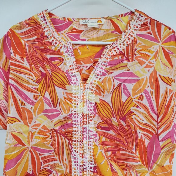 C&C California Pink and Orange Floral Print Beachy Boho Summer Vacation Shirt M - Picture 4 of 6